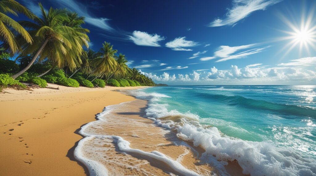 Vibrant Sunlit Tropical Beach Background – free AI stock image