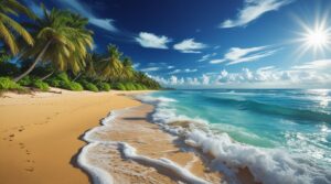 Vibrant Sunlit Tropical Beach Background – free AI stock image