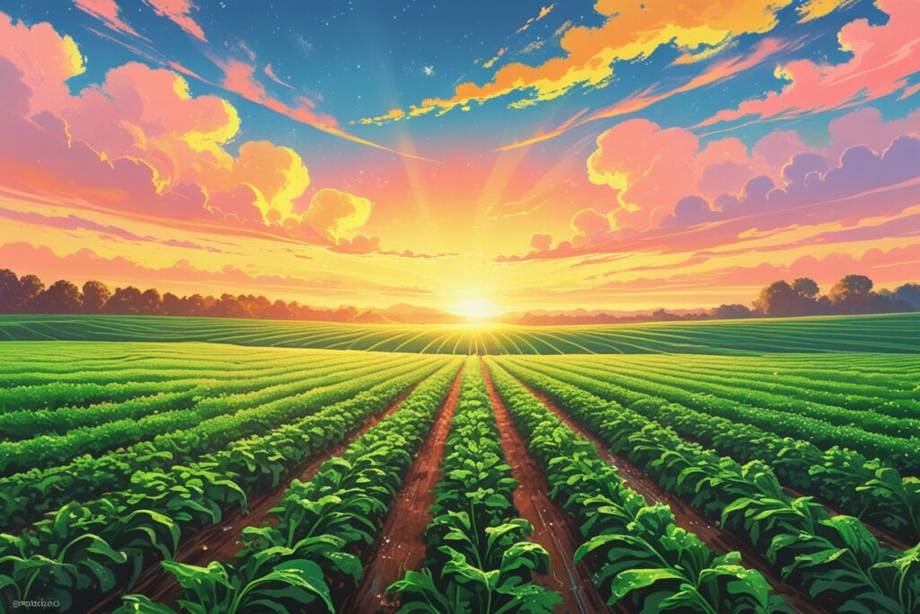 Vibrant Sunrise Over Flourishing Farm Fields – free AI stock image