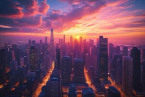 Vibrant Sunset Over a Modern Cityscape – free AI stock image