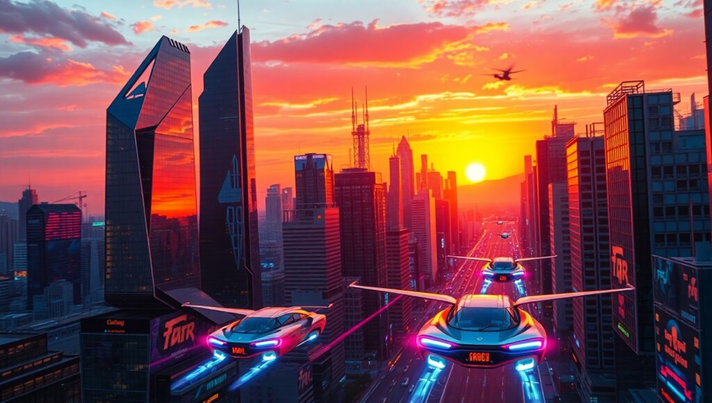 Vibrant Sunset Over Futuristic City – free AI stock image