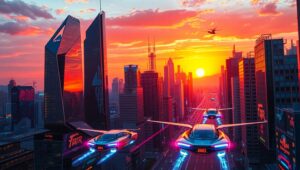 Vibrant Sunset Over Futuristic City – free AI stock image