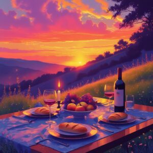 Vibrant Sunset Over Tranquil Dining Table – free AI stock image