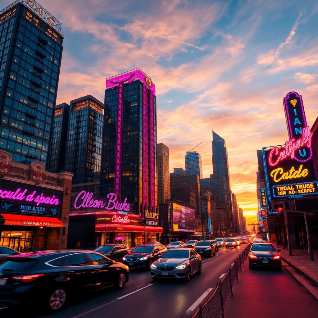 Vibrant Urban Cityscape at Dusk – free AI stock image
