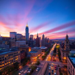 Vibrant Urban Cityscape at Dusk – free AI stock image
