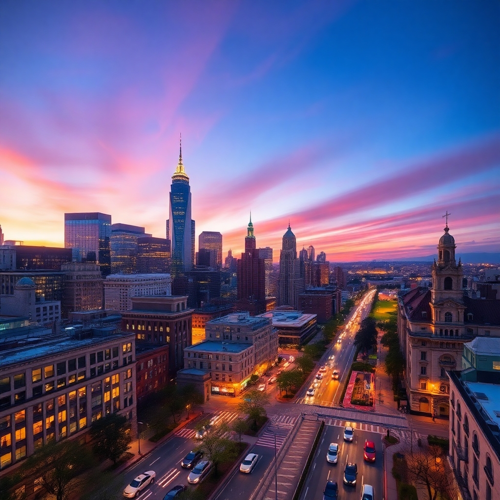 Vibrant Urban Cityscape at Dusk – free AI stock image