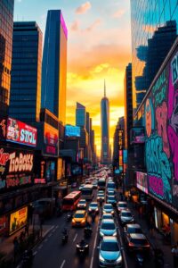 Vibrant Urban Cityscape at Dusk – free AI stock image