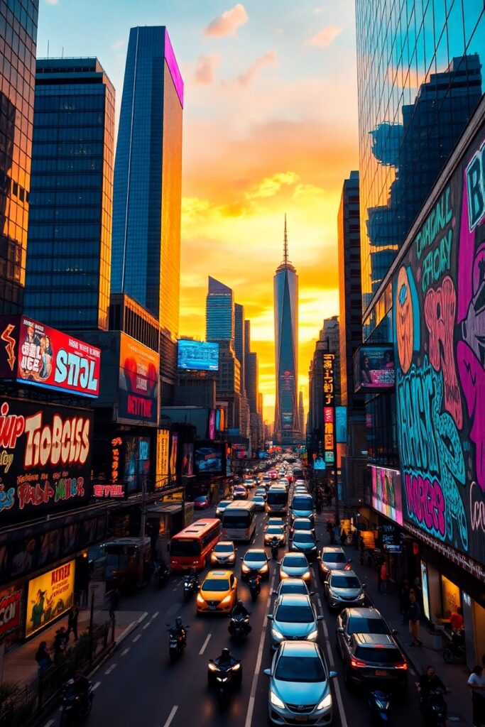 Vibrant Urban Cityscape at Dusk – free AI stock image