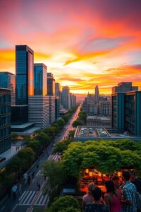 Vibrant Urban Jungle at Sunset – free AI stock image