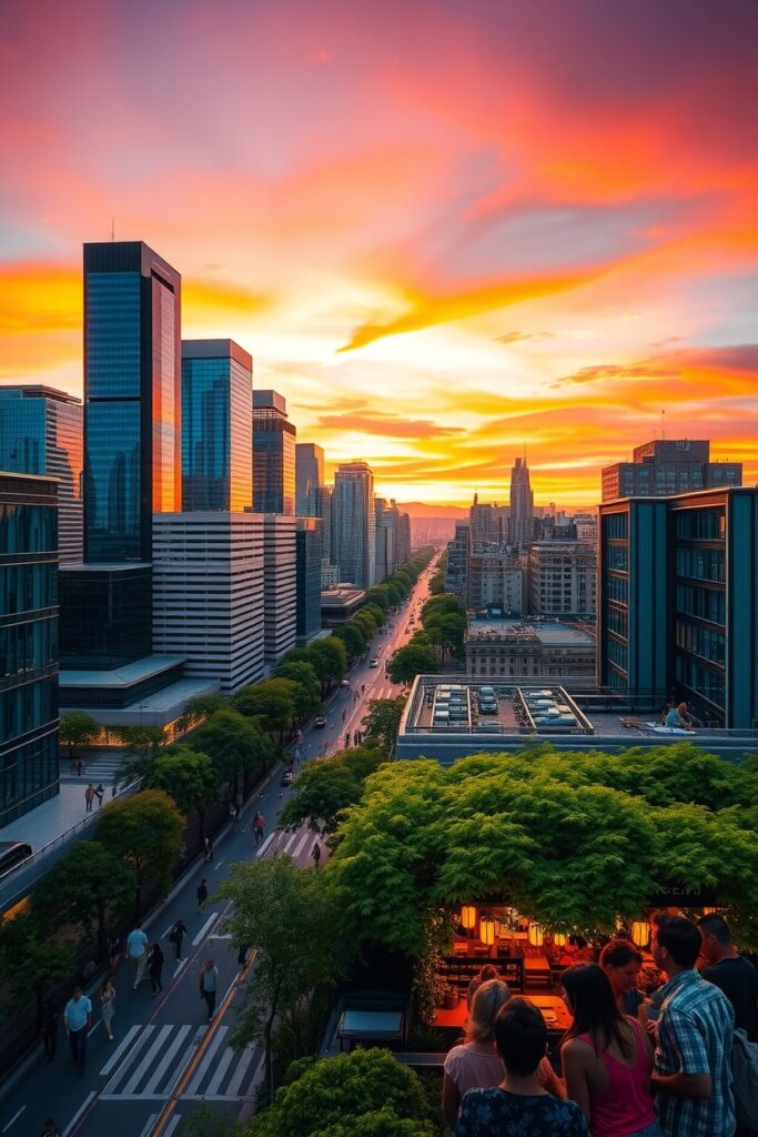 Vibrant Urban Jungle at Sunset – free AI stock image