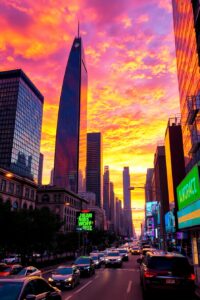 Vibrant Urban Jungle at Sunset – free AI stock image
