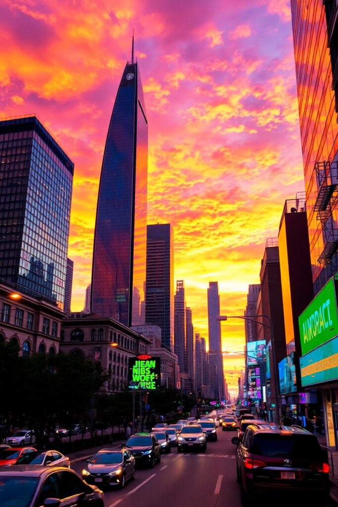 Vibrant Urban Jungle at Sunset – free AI stock image
