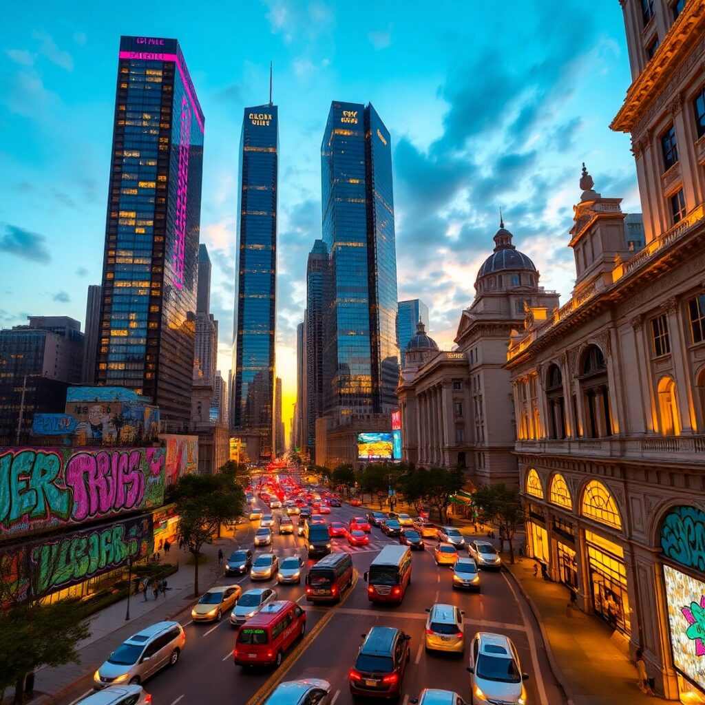 Vibrant Urban Landscape at Dusk – free AI stock image
