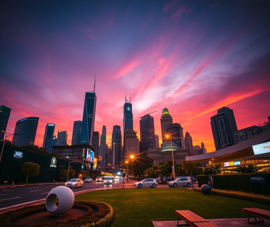 Vibrant Urban Landscape at Dusk – free AI stock image