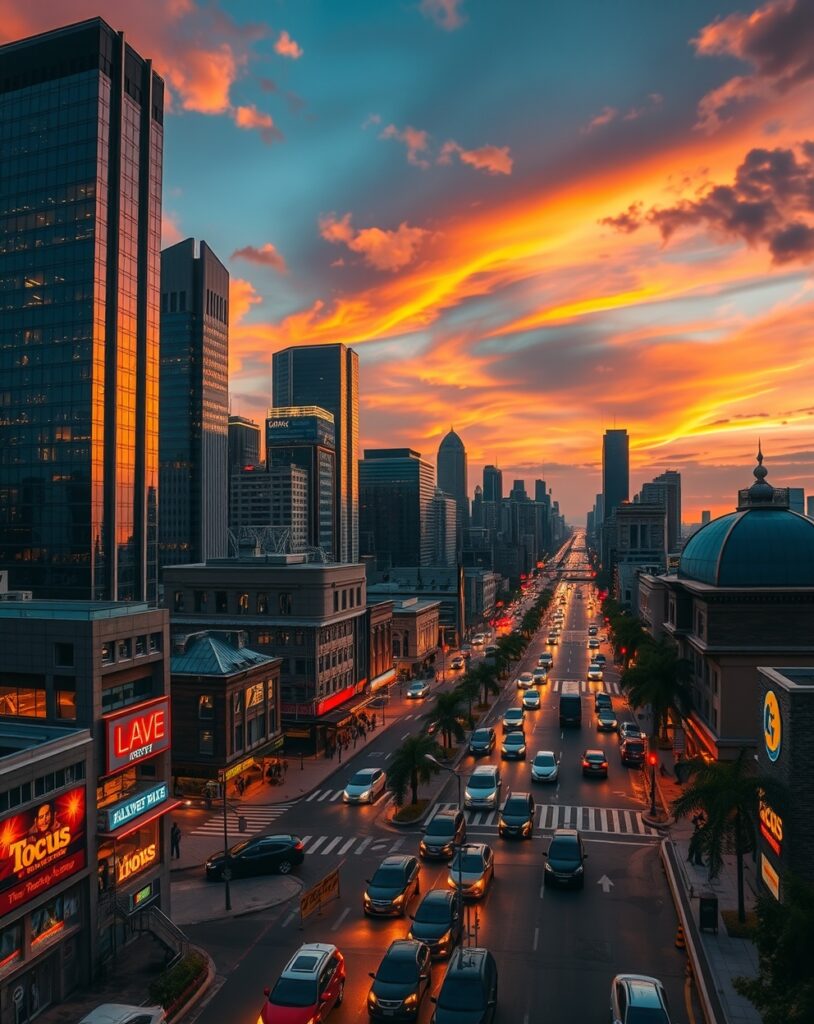 Vibrant Urban Landscape at Dusk – free AI stock image