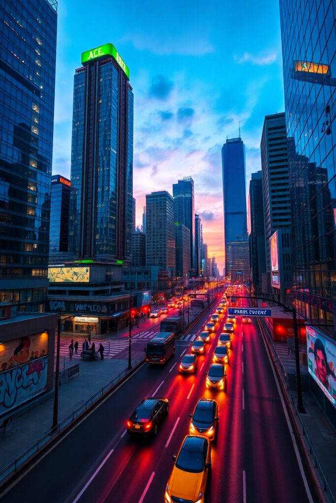 Vibrant Urban Landscape at Dusk – free AI stock image