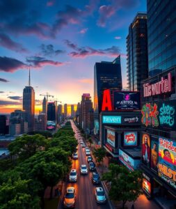 Vibrant Urban Landscape at Dusk – free AI stock image