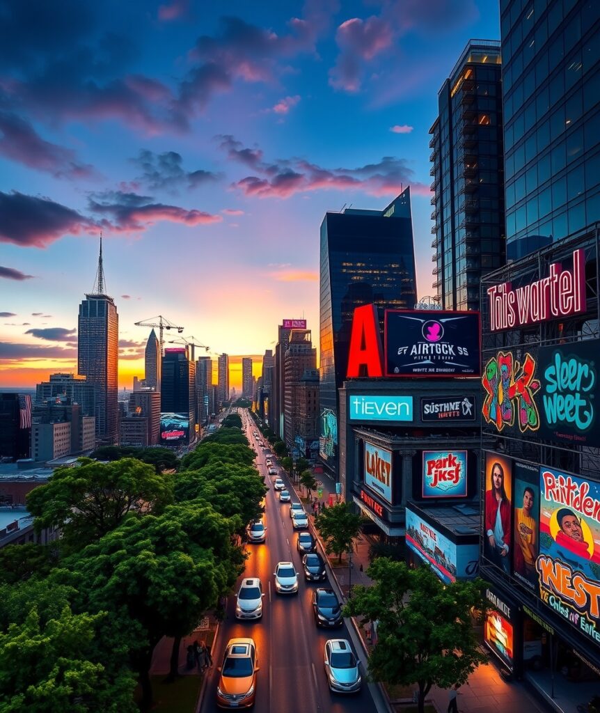 Vibrant Urban Landscape at Dusk – free AI stock image