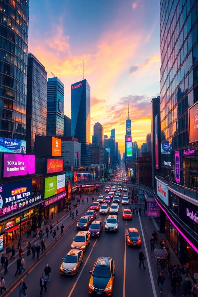 Vibrant Urban Landscape at Dusk – free AI stock image