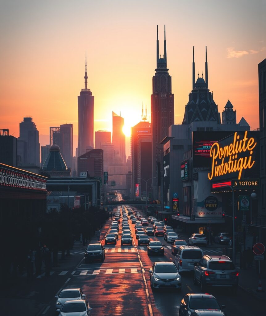 Vibrant Urban Landscape at Dusk – free AI stock image