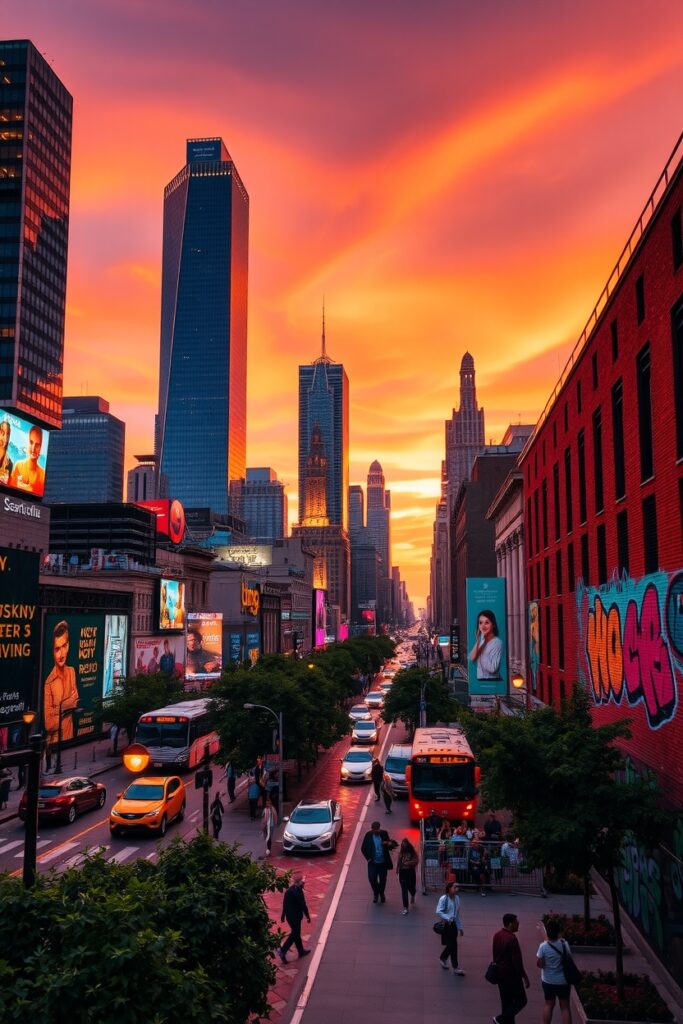Vibrant Urban Landscape at Dusk – free AI stock image