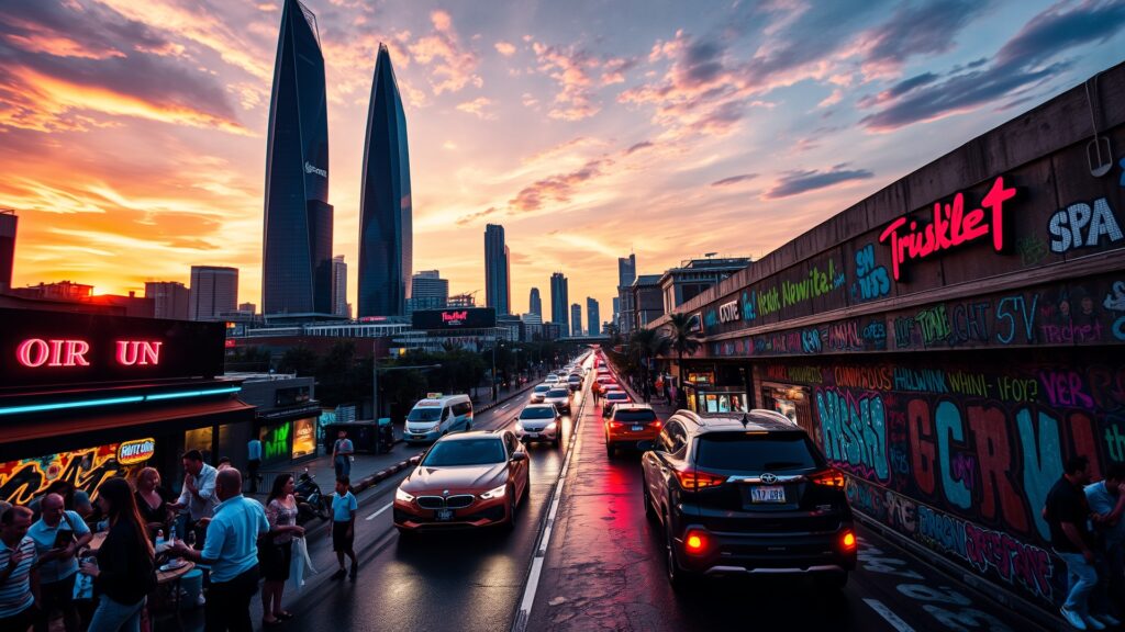 Vibrant Urban Landscape at Dusk with Neon Lights image – free AI stock image