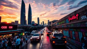 Vibrant Urban Landscape at Dusk with Neon Lights image – free AI stock image