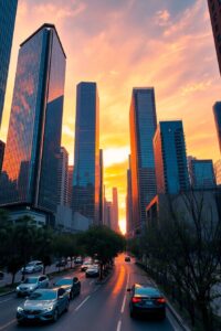 Vibrant Urban Landscape at Sunset – free AI stock image