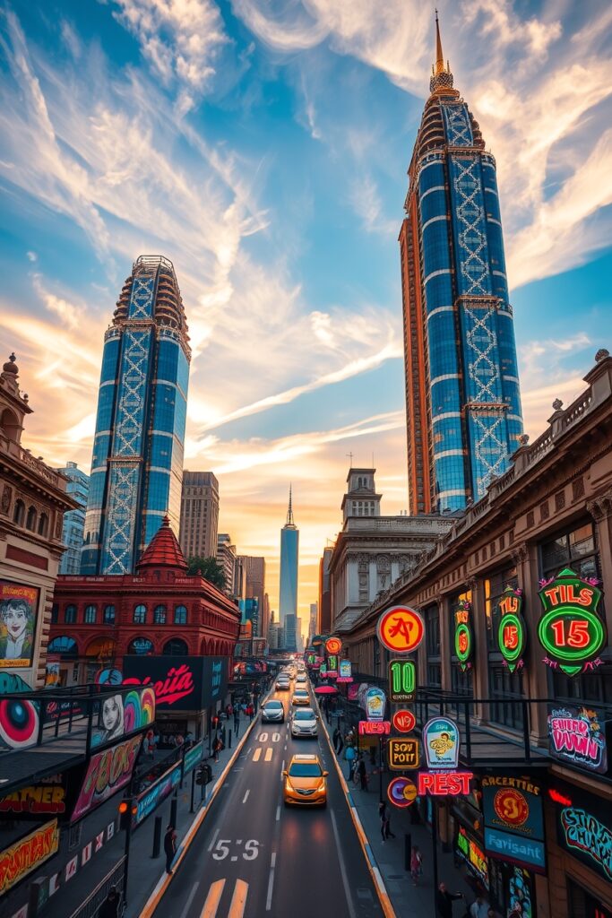Vibrant Urban Landscape at Twilight – free AI stock image