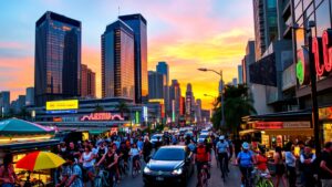 Vibrant Urban Landscape with Skyscrapers and Street Life image – free AI stock image