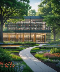 Vibrant Urban Library Surrounded by Nature – free AI stock image