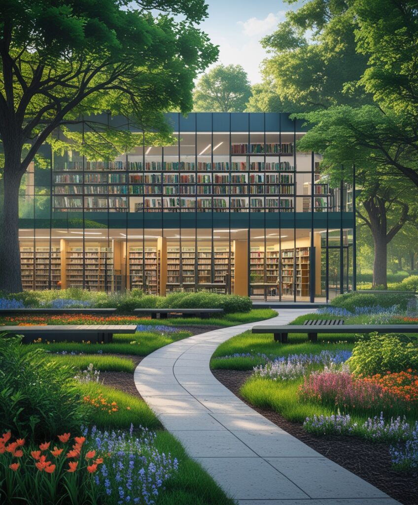 Vibrant Urban Library Surrounded by Nature – free AI stock image