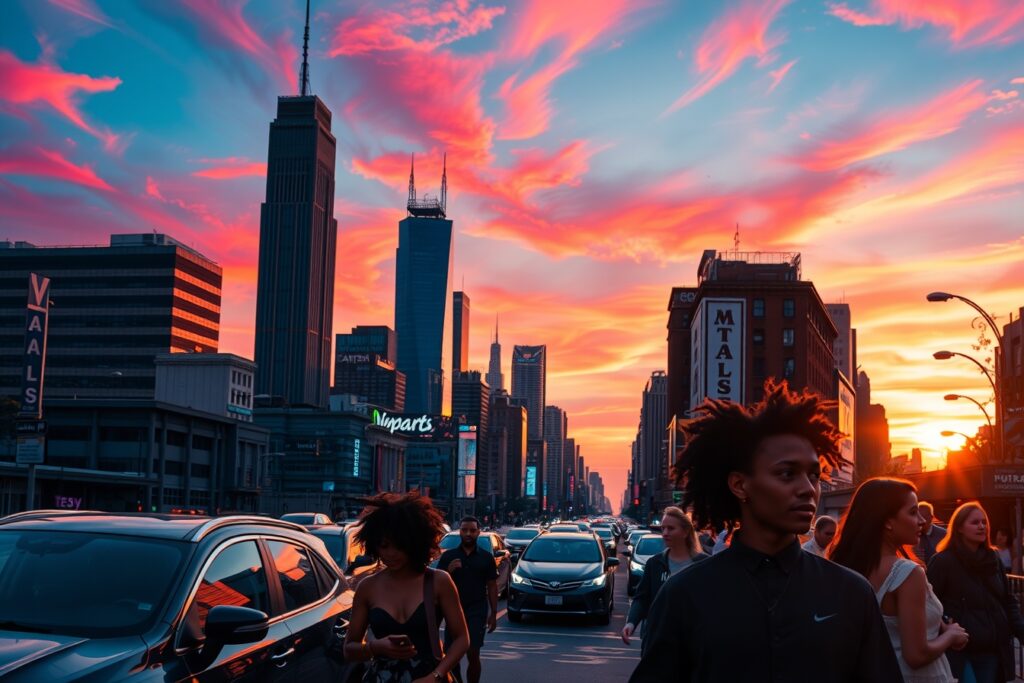 Vibrant Urban Life at Dusk – free AI stock image