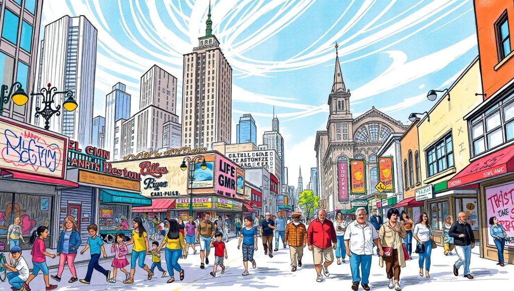 Vibrant Urban Life in Color Sketch – free AI stock image