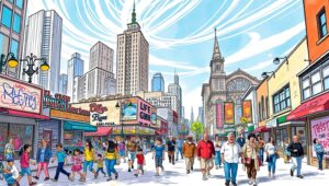 Vibrant Urban Life in Color Sketch – free AI stock image