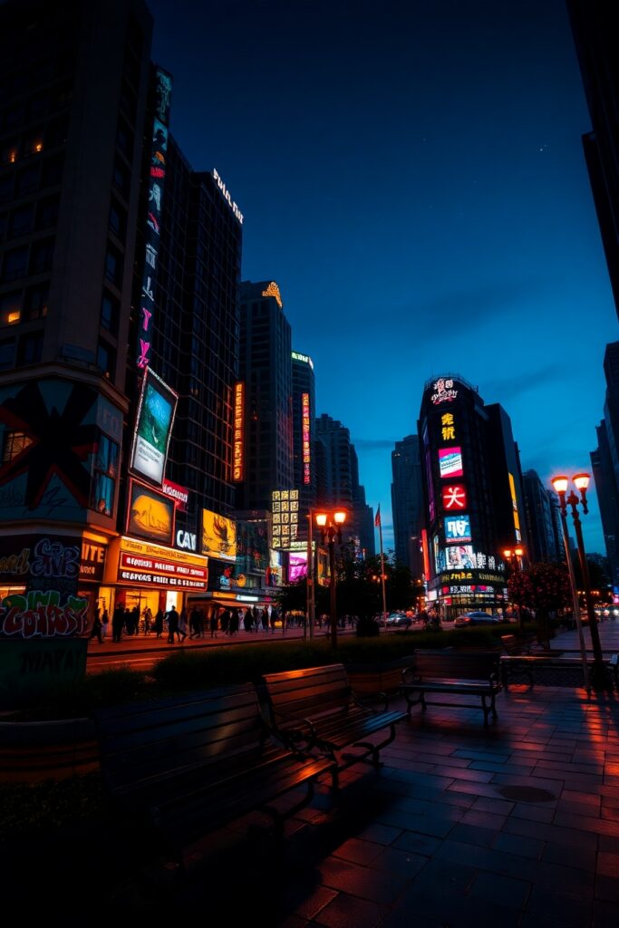 Vibrant Urban Life Under City Lights – free AI stock image
