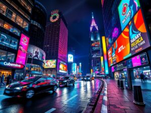 Vibrant Urban Night Life with Neon Lights – free AI stock image