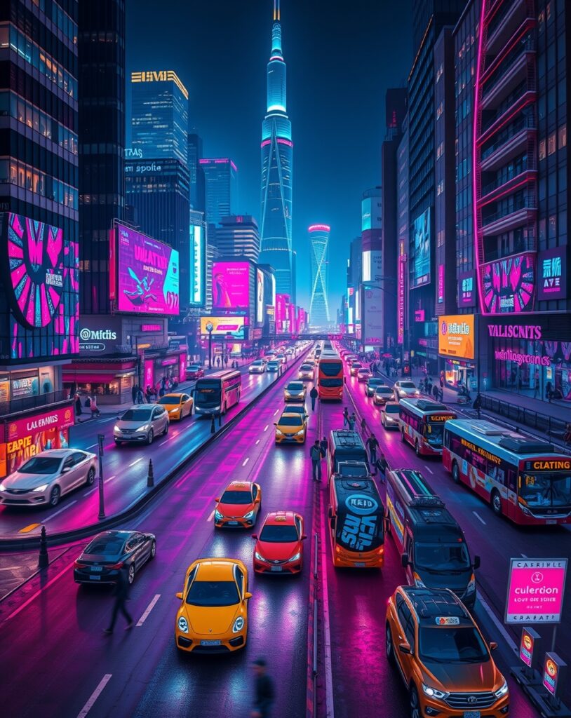 Vibrant Urban Nightscape with Neon Lights – free AI stock image