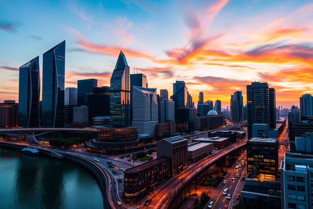 A Vibrant Urban Skyline at Dusk – free AI stock image