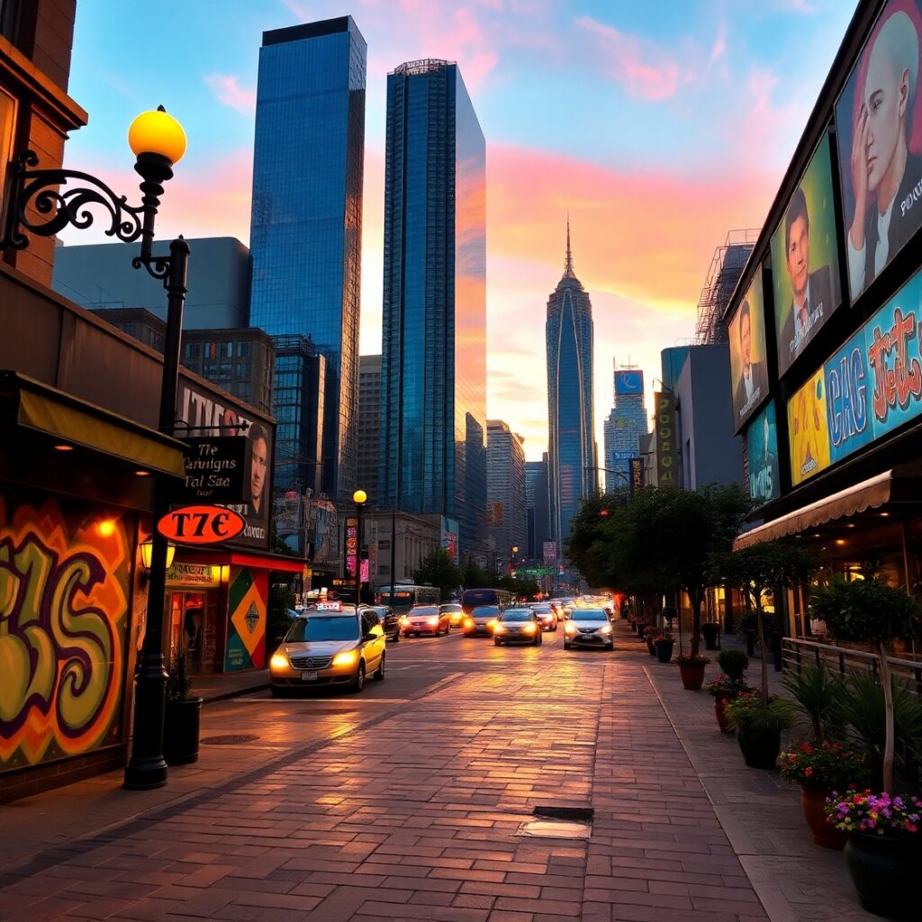 Vibrant Urban Street at Dusk – free AI stock image