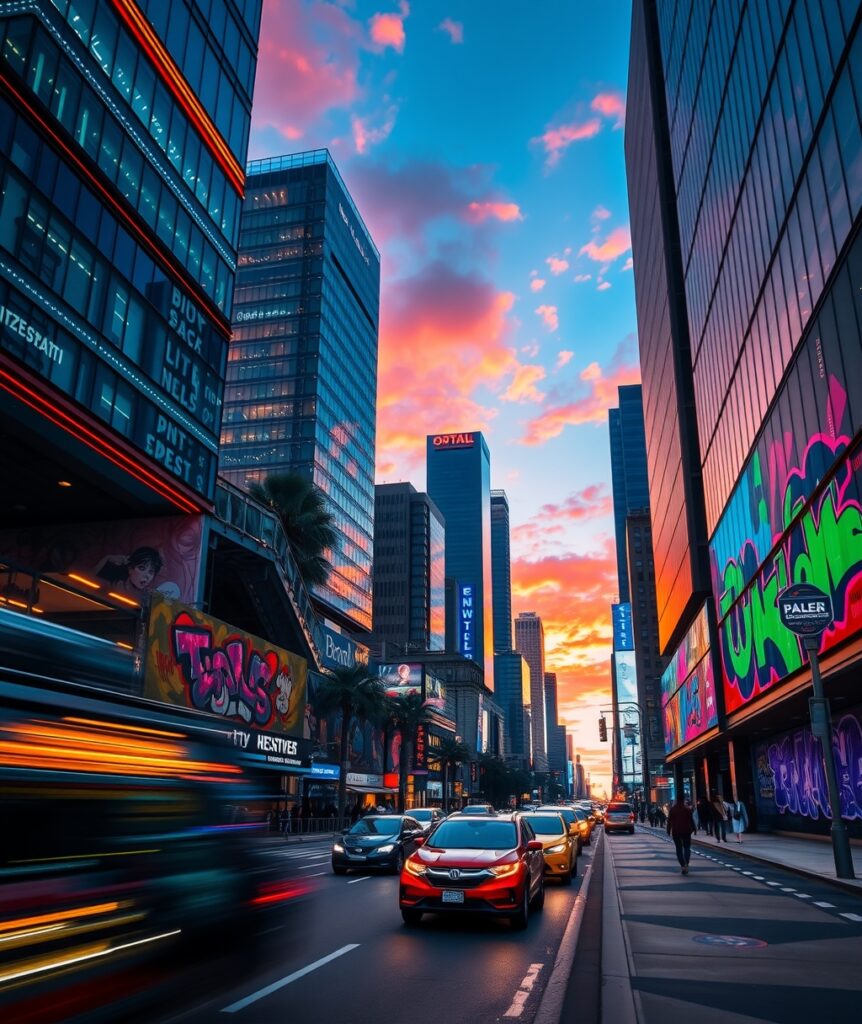 Vibrant Urban Street Life at Dusk – free AI stock image
