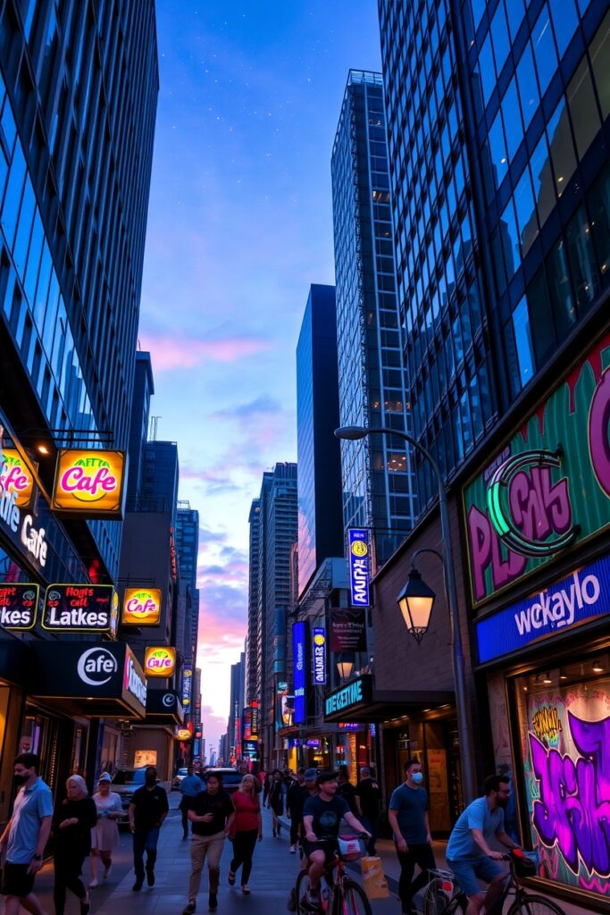 Vibrant Urban Street Scene at Dusk – free AI stock image