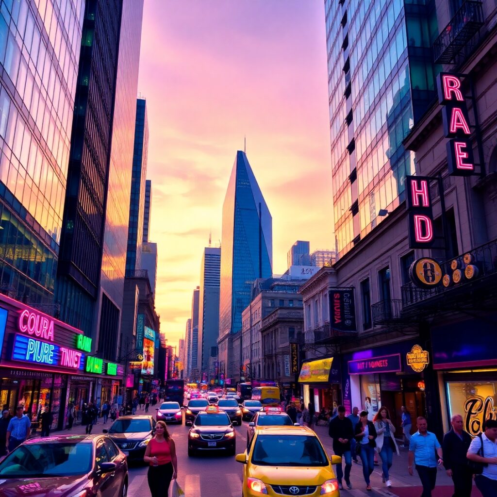 A Vibrant Urban Street Scene at Dusk – free AI stock image