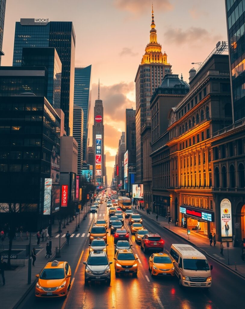Vibrant Urban Streets at Twilight – free AI stock image