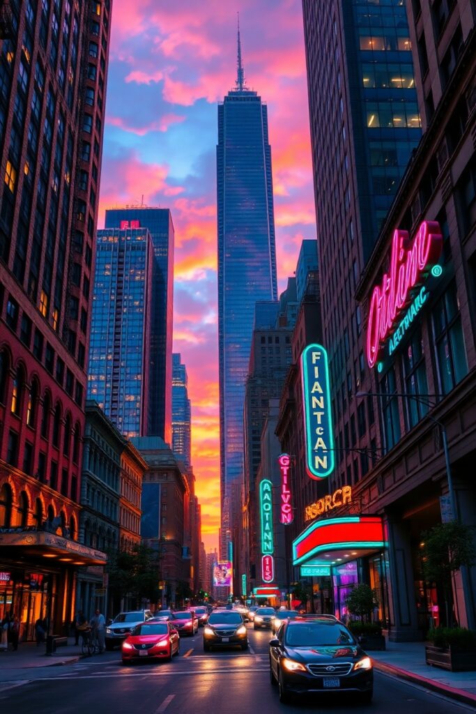 Vibrant Urban Streetscape at Dusk – free AI stock image