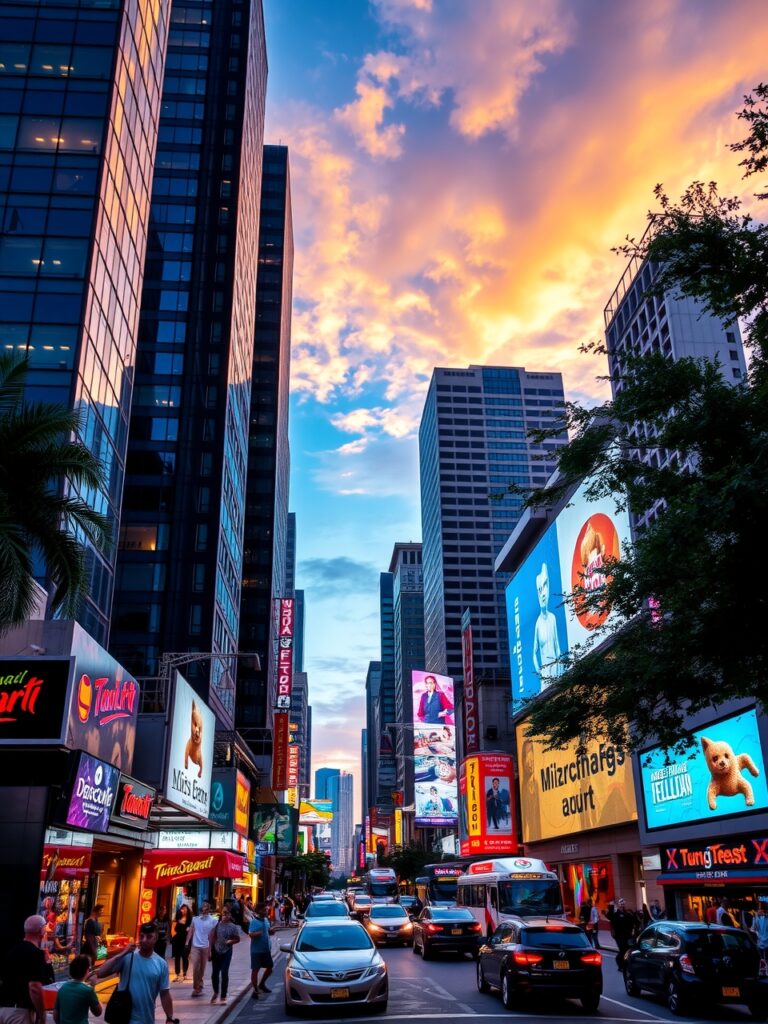 Vibrant Urban Streetscape at Dusk – free AI stock image