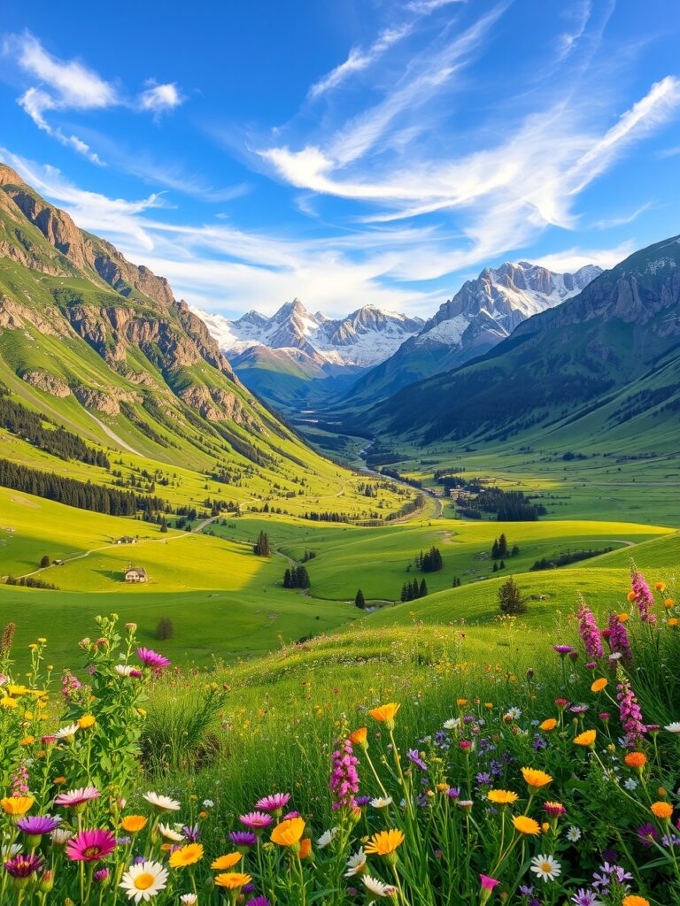 Vibrant Valley Under a Clear Blue Sky – free AI stock image