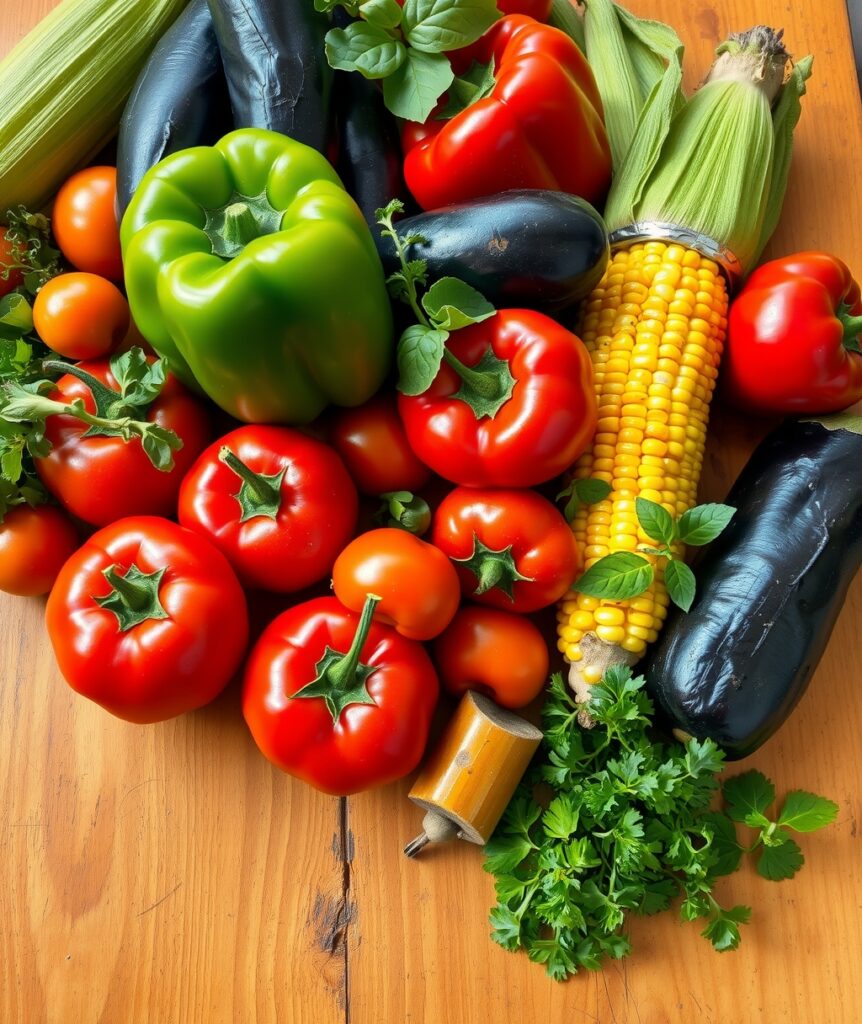 Vibrant Vegetable Medley on a Rustic Table – free AI stock image