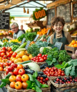 Vibrant Vegetables and Fresh Fruits Display – free AI stock image