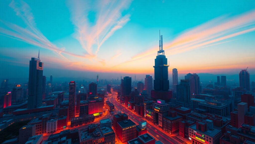 Vibrant Voxel Cityscape at Dusk – free AI stock image